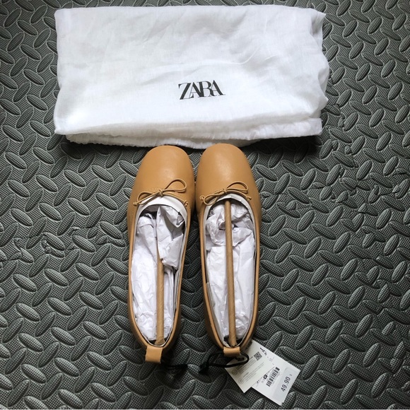 NWT Zara Leather Ballet Bow Tie Ballerinas Flats Shoes Beige Size 7 / 37 - Picture 2 of 8